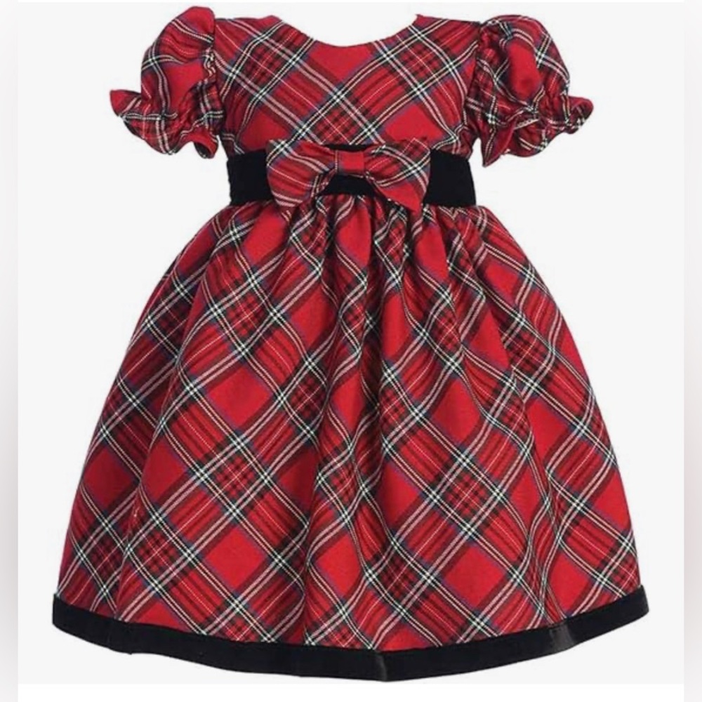 Swea Pea and Lilli Red Plaid and Black Velvet Puff Sleeve holiday Dress sz 2T